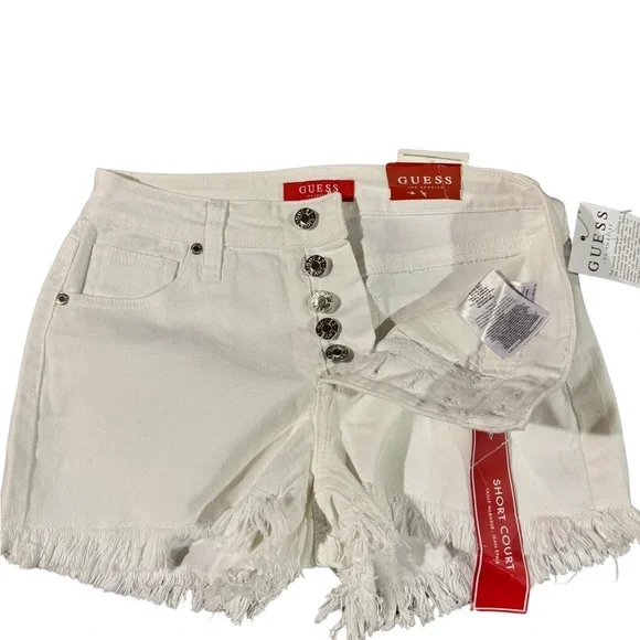 Guess Emma Mid Rise Button Fly Frayed White Denim Shorts 26 - Picture 2 of 5